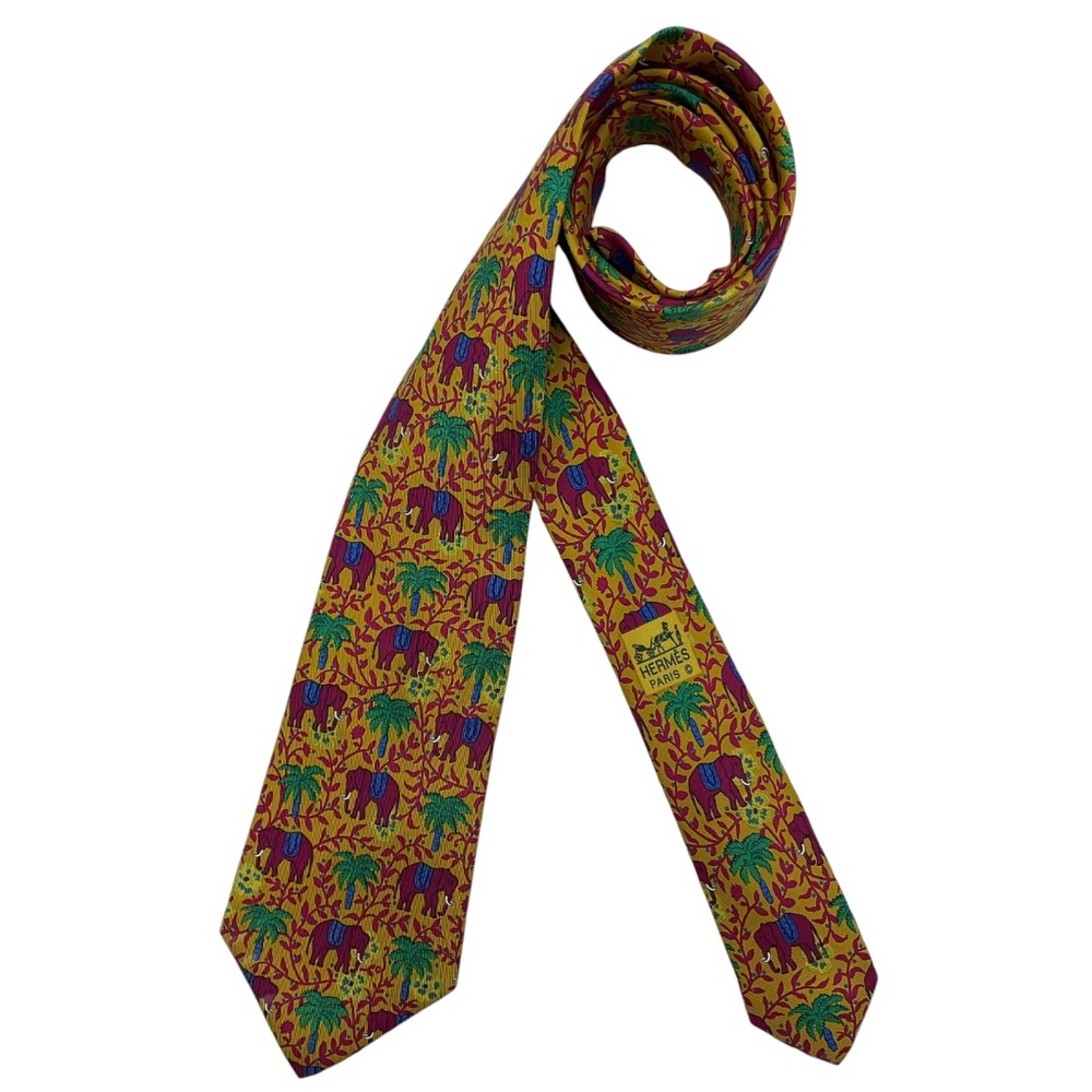 HERMÈS 7183 UA Mustard Elephant Palm Floral Silk LUXURY Tie FRANCE